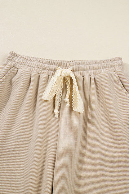 Dark Khaki Drawstring Pullover Hoodie and High Waist Pants Corduroy Suit