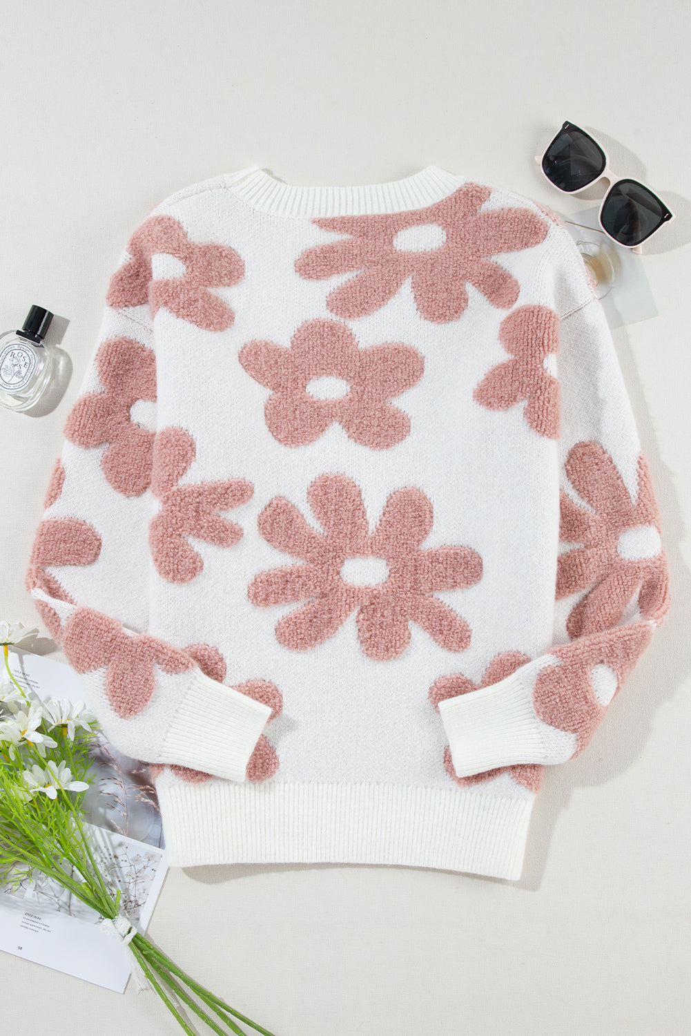 White Textured Flower Drop Shoulder Loose Sweater