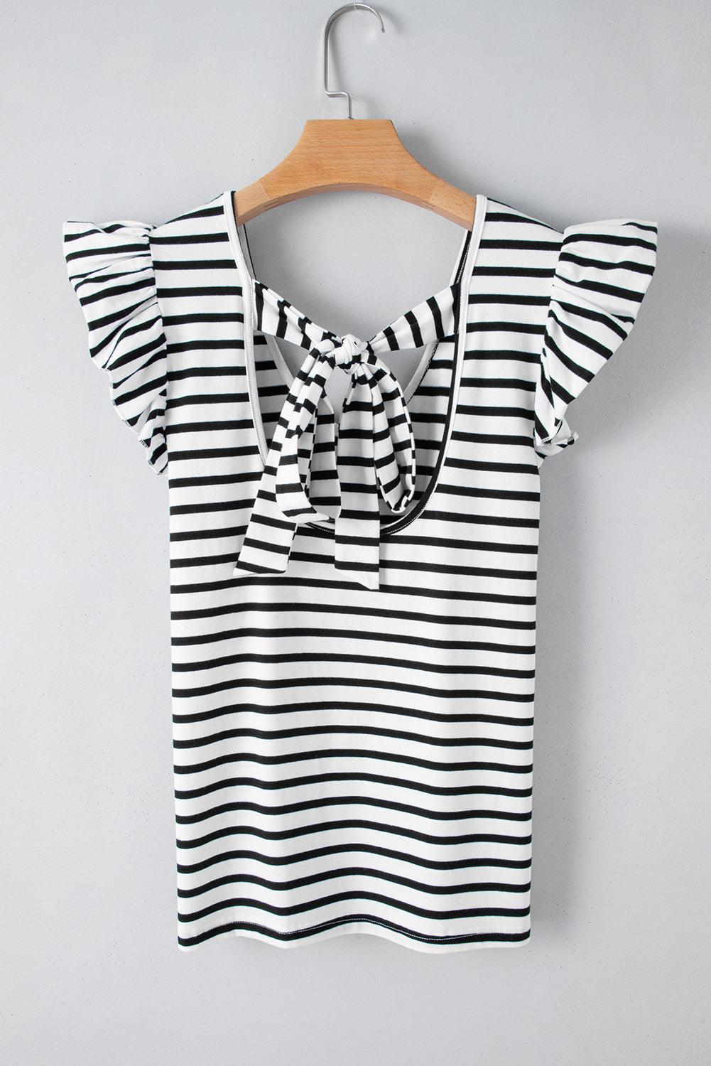 White Stripe Butterfly Sleeve V Neck Hollowed Knot Back T Shirt