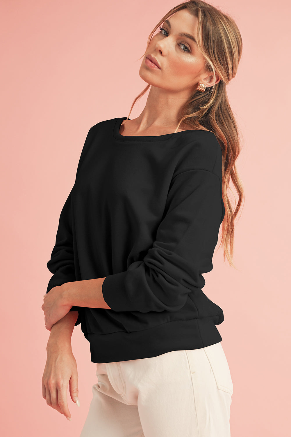 Black Bowknot Plain Round Neck Sweatshirt