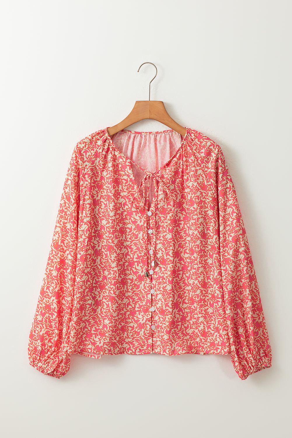 Pink Bubble Sleeve Floral Shirt with Lace up