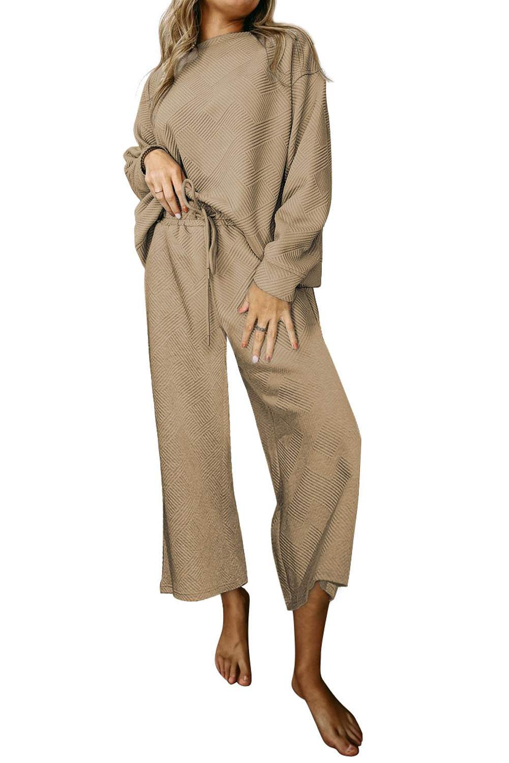 Light Grey Plus Size Textured Casual Two-Piece Pants Set