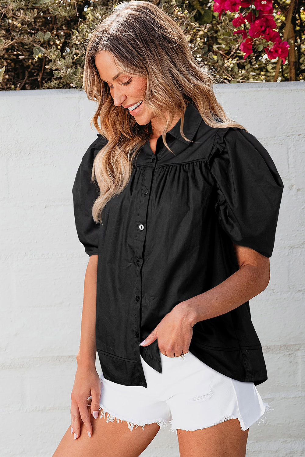 Black Crisp Puff Sleeve Loose Shirt