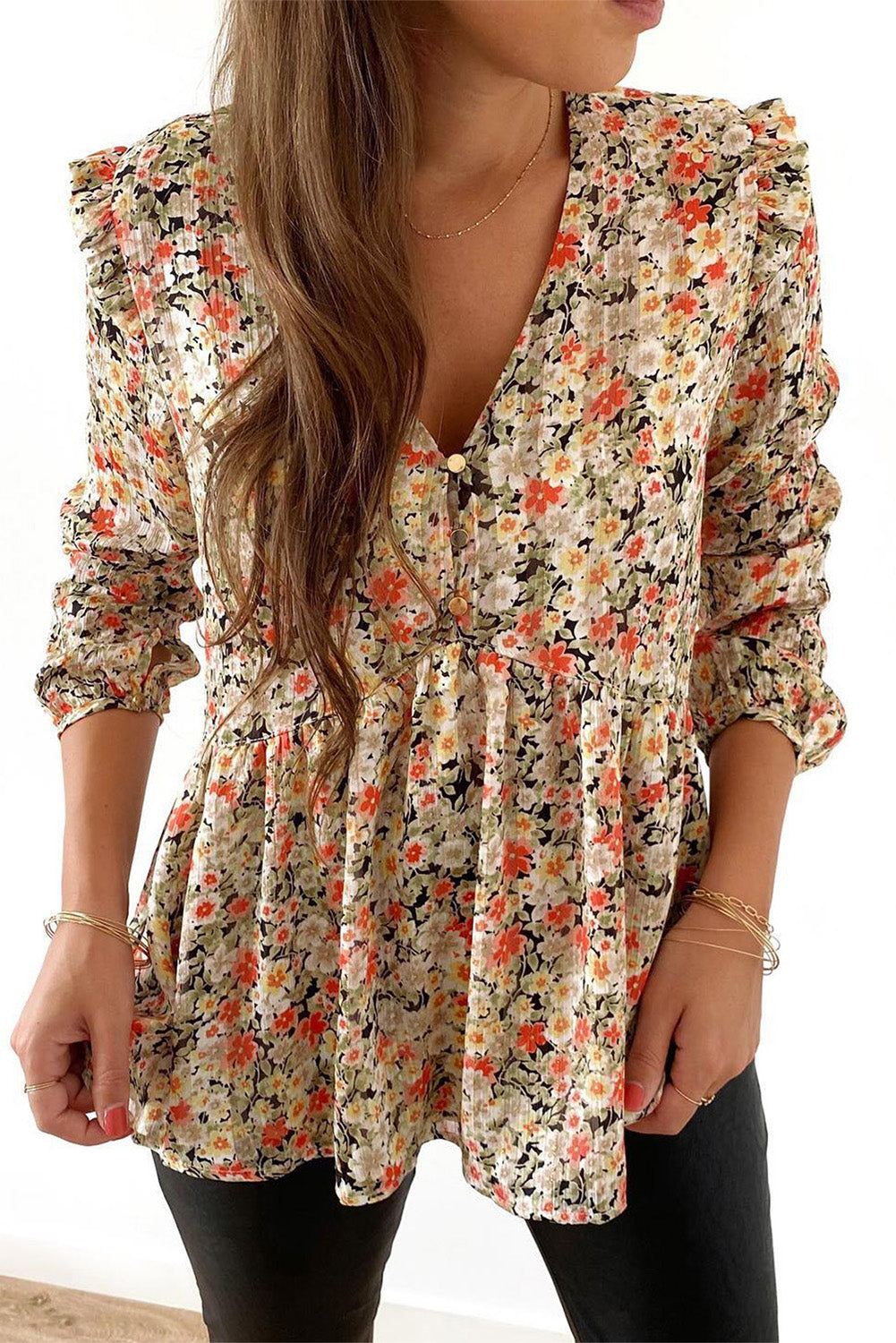 Khaki V Neck Ruffled Babydoll Floral Blouse