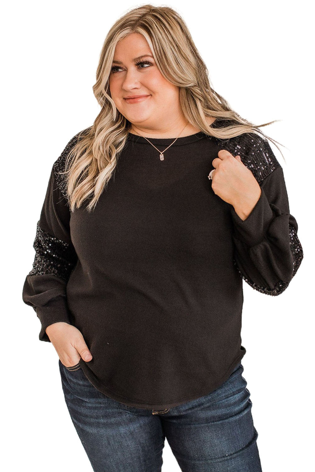 Black Plus Size Sequin Patchwork Crew Neck Long Sleeve Top