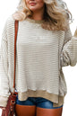 Brown Plus Size Stripe Ribbed Trim Drop Shoulder Long Sleeve Oversized Top
