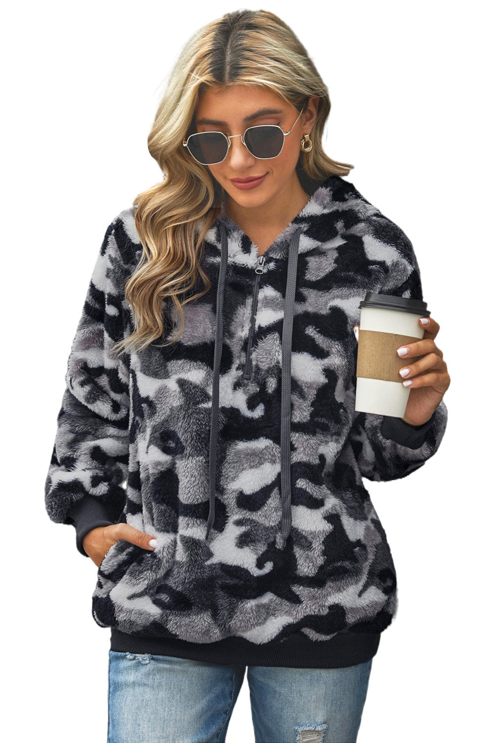 Camo Print Warm Furry Pullover Hoodie