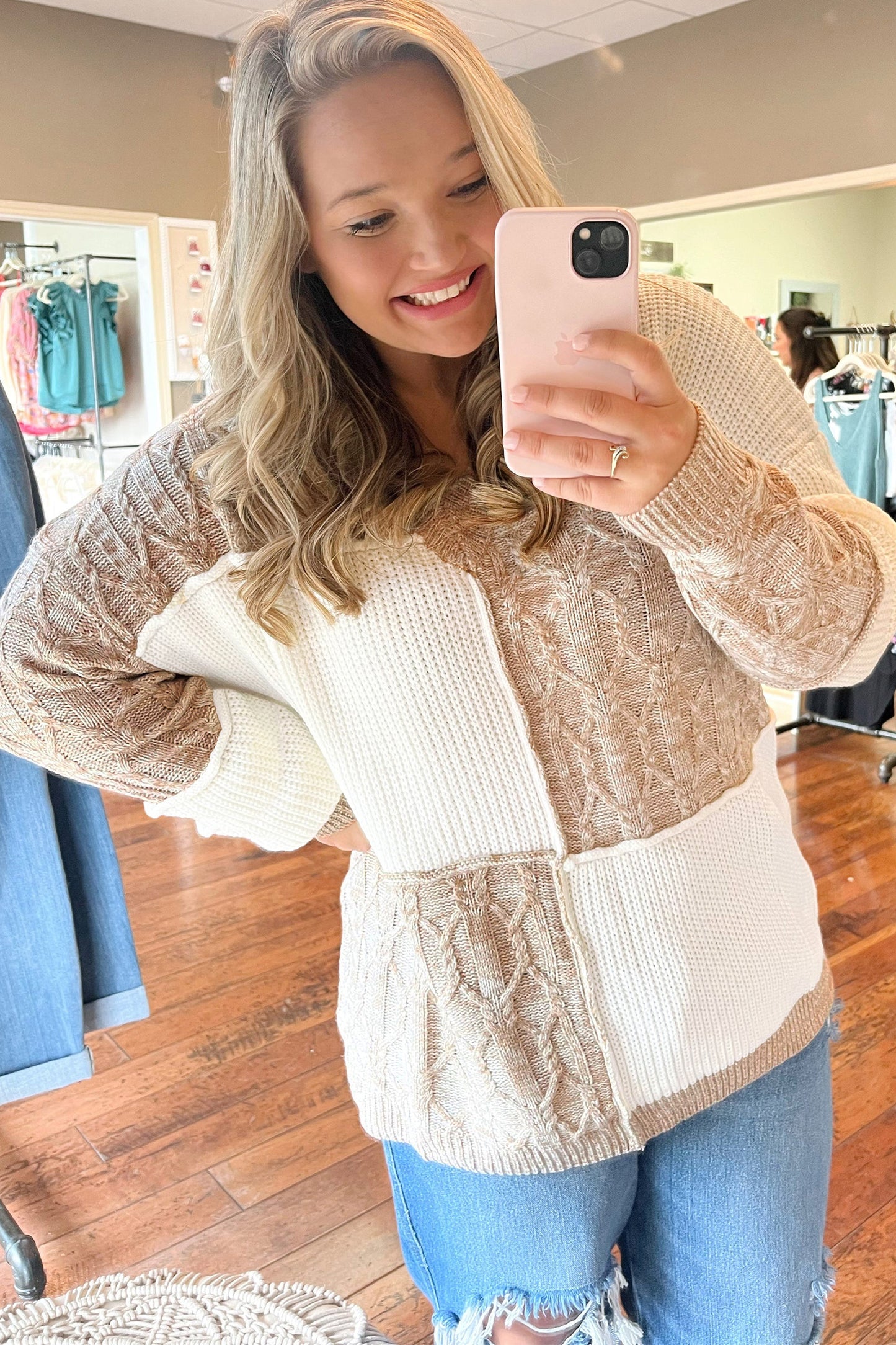 Parchment Colorblock V Neck Long Sleeve Tunic Loose Fit Plus Size Sweater