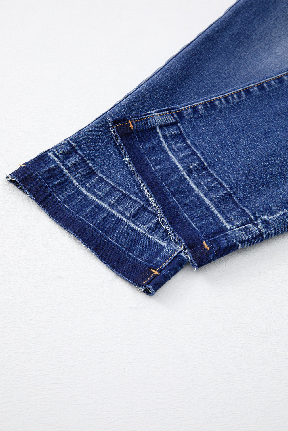 Dark Blue Whiskered Wash Raw Hem Cropped Jeans