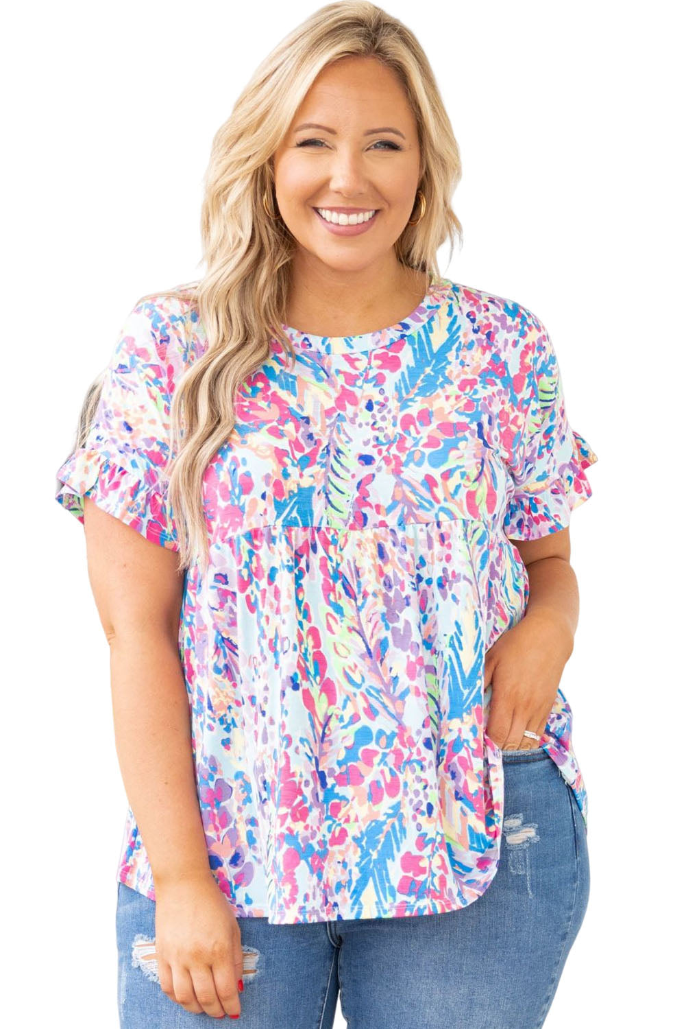 Multicolor Plus Size Floral Print Round Neck Long Sleeve Blouse