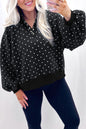 White Polka Dot Print Metal Button Collar Casual Pullover Sweatshirt