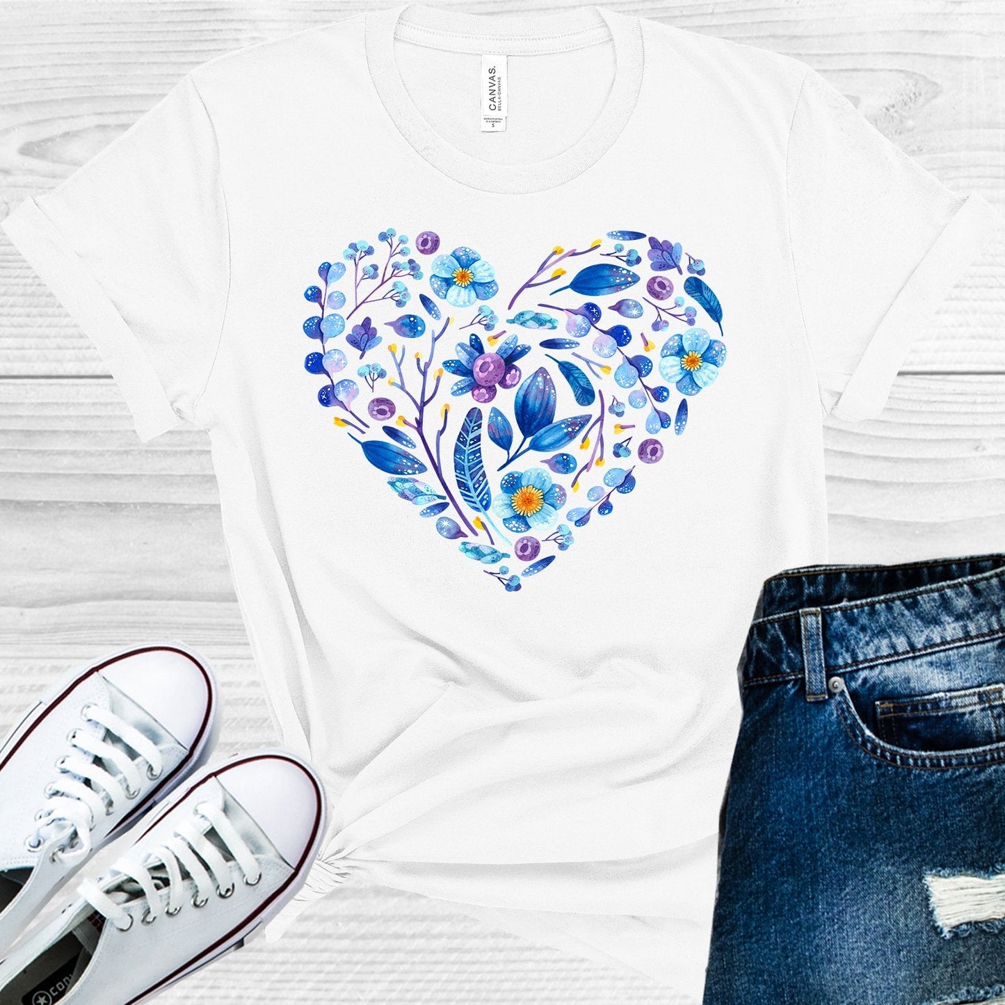 Blue Floral Heart Graphic Tee
