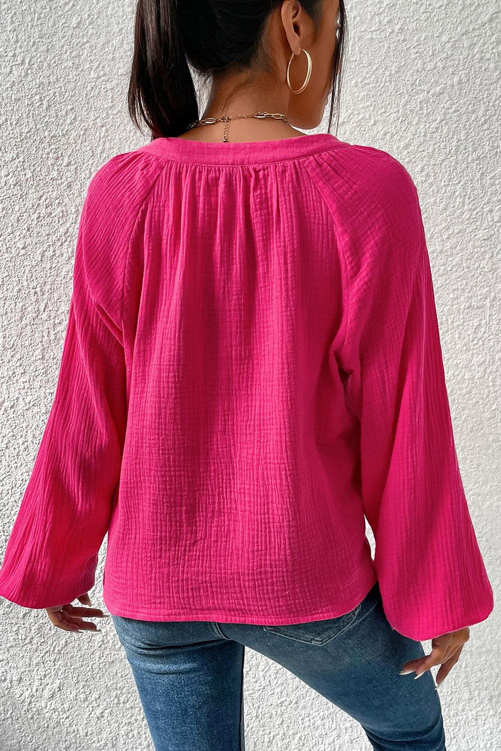 Crinkle Split Neck Puff Sleeve Blouse