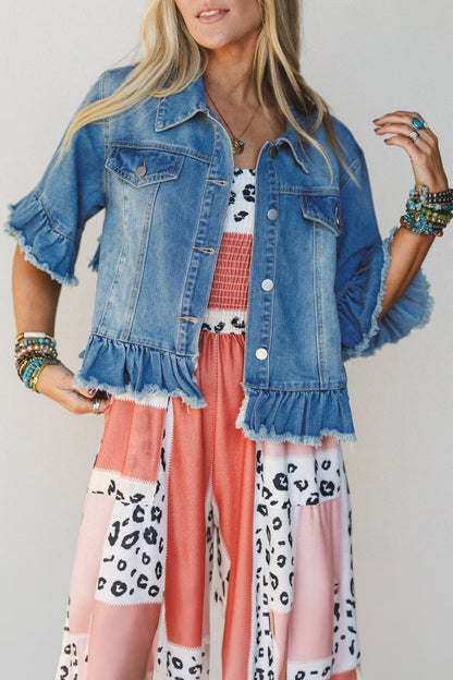 Blue Ruffle Hem Raw Edge Half Sleeve Western Denim Jacket