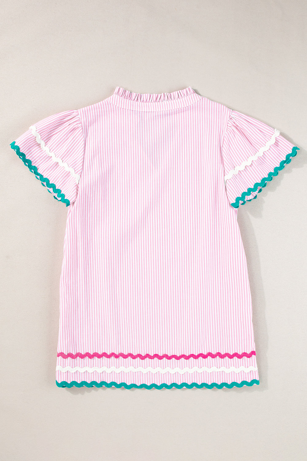 Pink Stripe Ricrac Trim Split Neck Striped Ruffled Sleeve Blouse