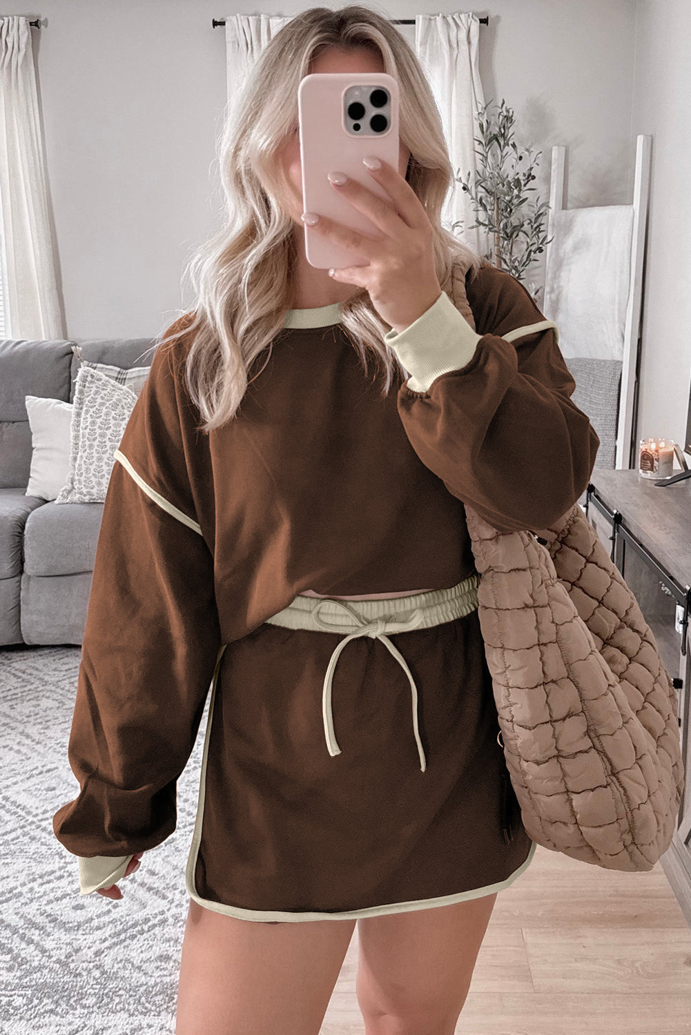 Coffee Color Contrast Loose Pullover and Lace-up Waist Skort Set