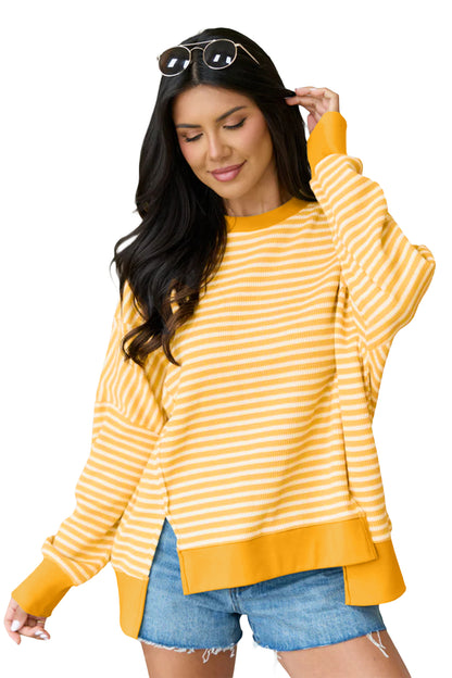 Pink Stripe Textured Knit Color Block Trim Split Hem Long Sleeve Top