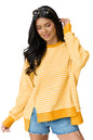 Pink Stripe Textured Knit Color Block Trim Split Hem Long Sleeve Top