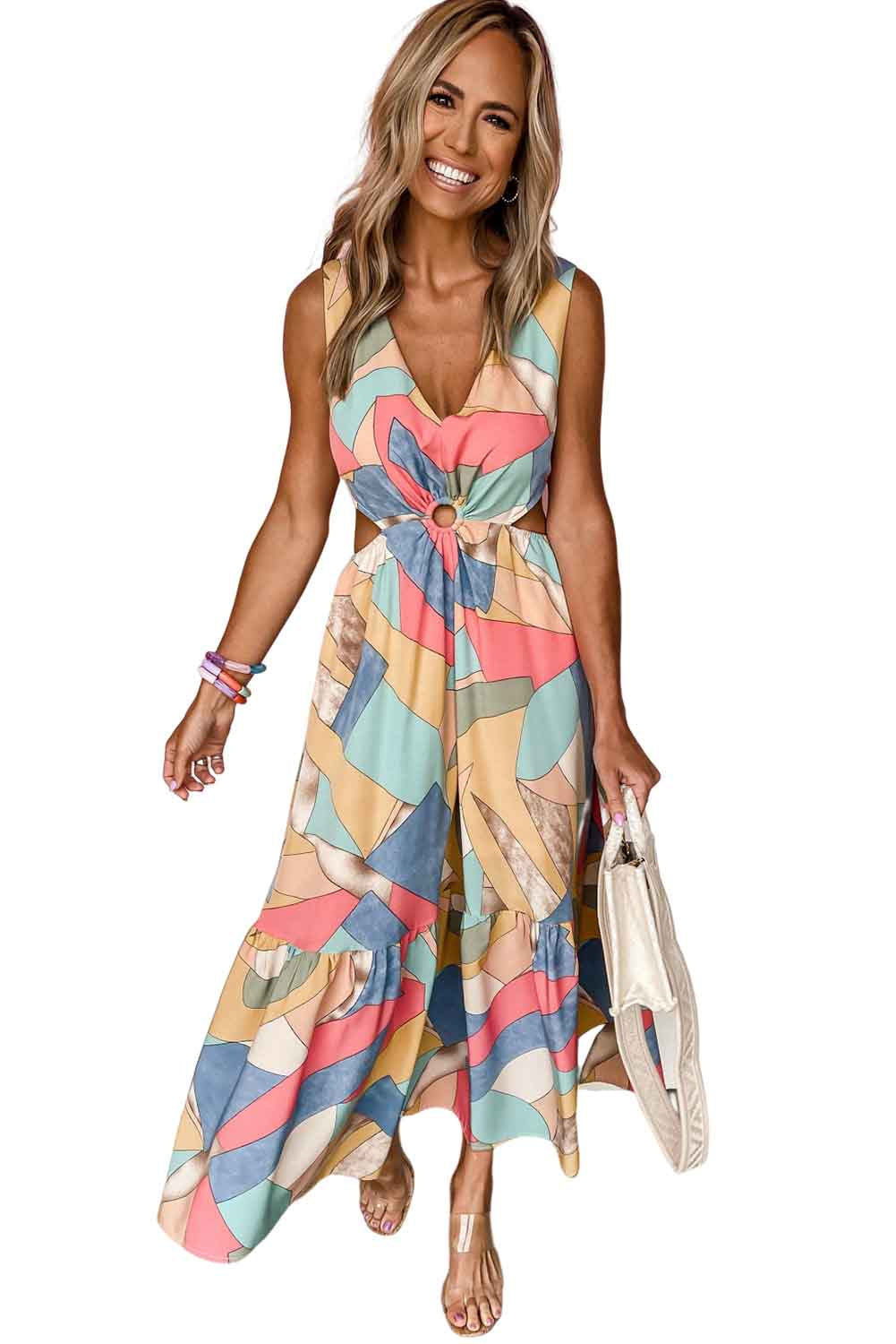 Khaki Boho Print O-ring Cut-out Sleeveless Maxi Dress