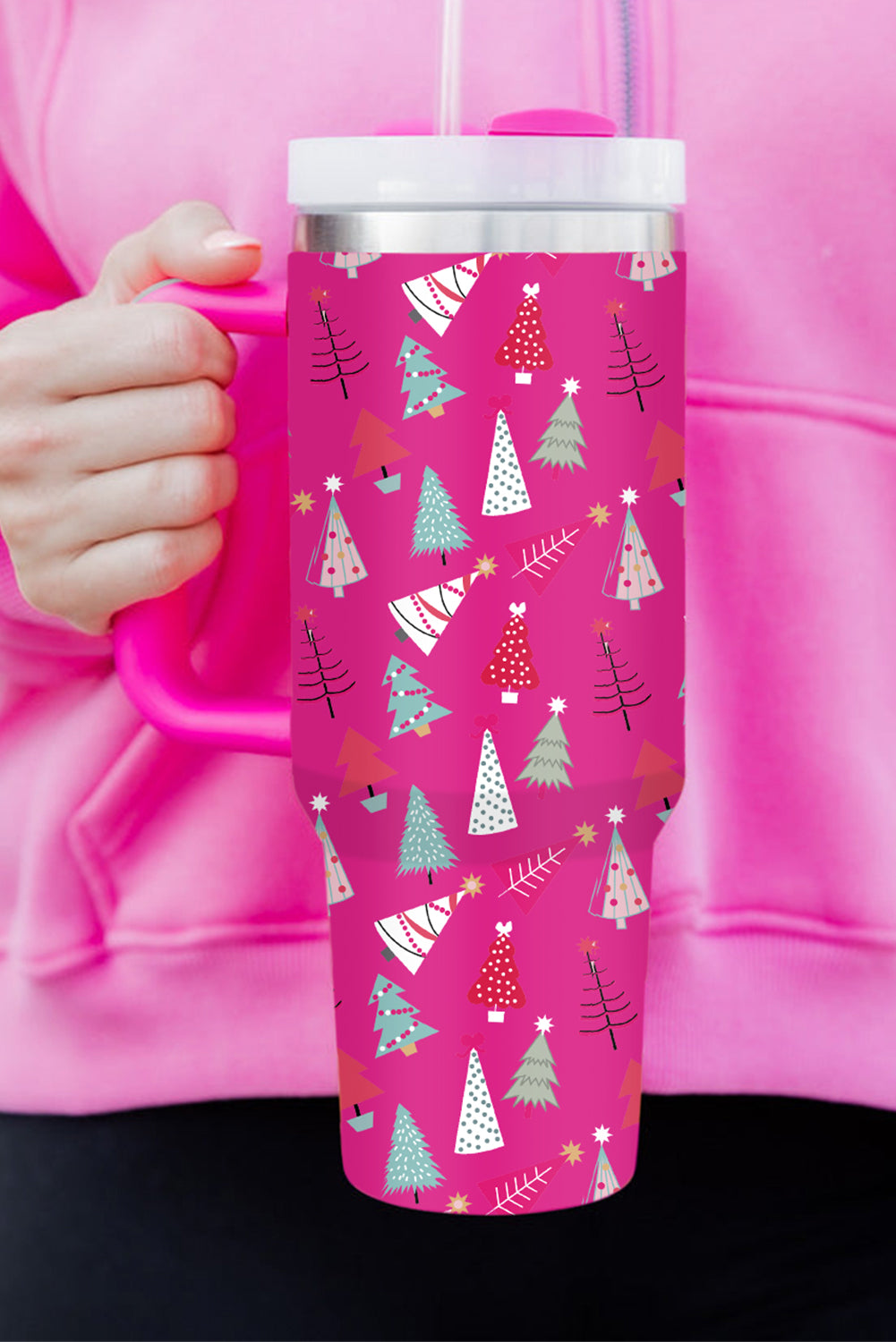 Black Cartoon Christmas Tree Printed Thermos Cup