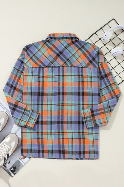 Red Plaid Print Drop Sleeve Loose Shirt Shacket