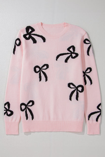 Light Pink Bow Print Long Sleeve Loose Fit Sweater