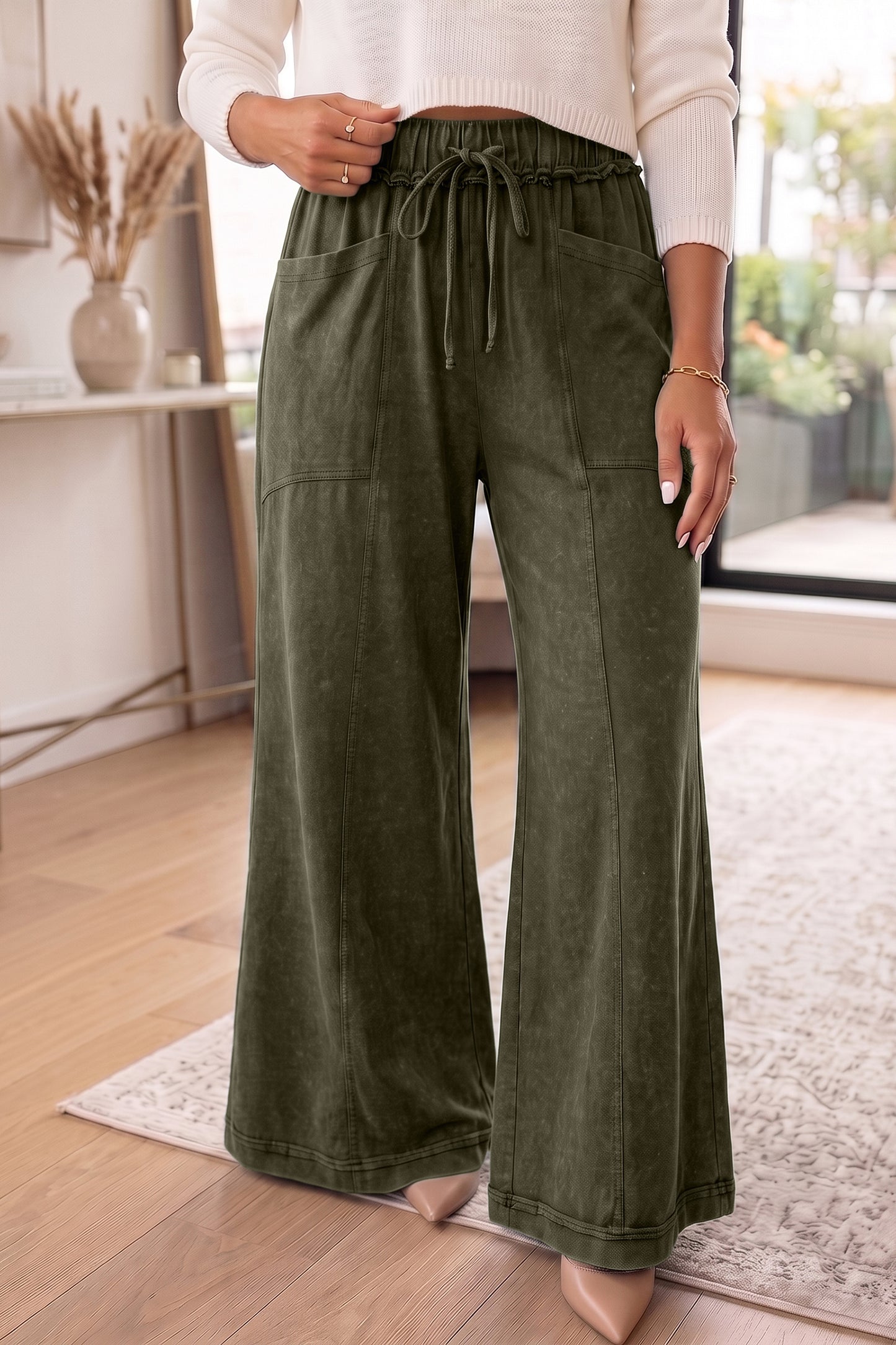 Ashleigh Blue Mineral Wash Seam Detail Flare Leg Drawstring Pants