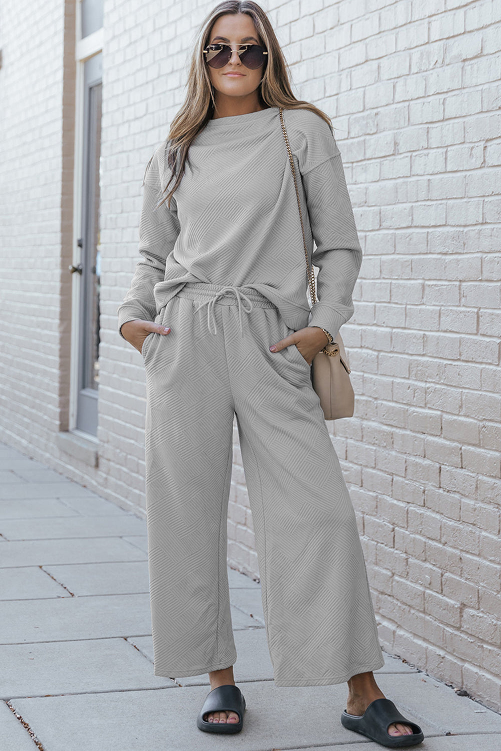 Light Grey Plus Size Textured Casual Two-Piece Pants Set