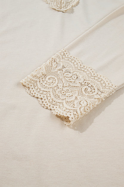 Apricot Lace Trim V Neck Long Sleeve Patchwork Pullover Top