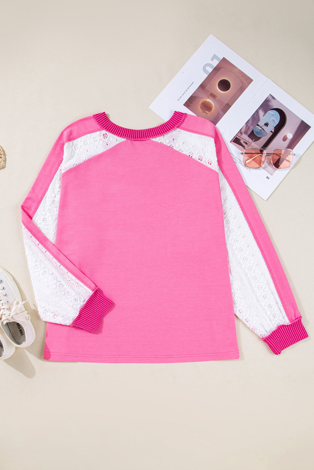 Bonbon Lace Patchwork Corded Trim Plus Size Long Sleeve Top