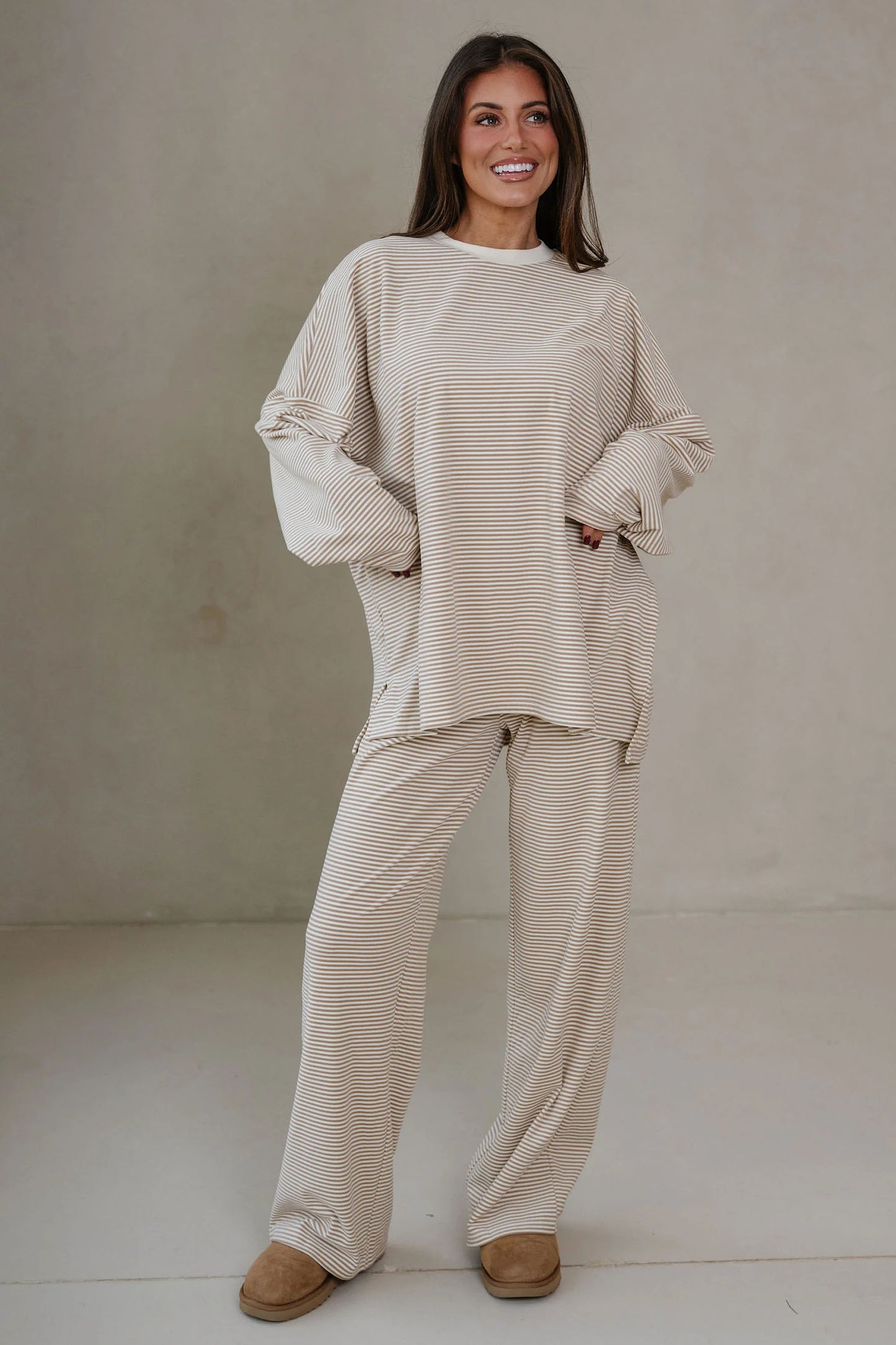 Pink Striped Drop Shoulder Long Sleeve Pant Set