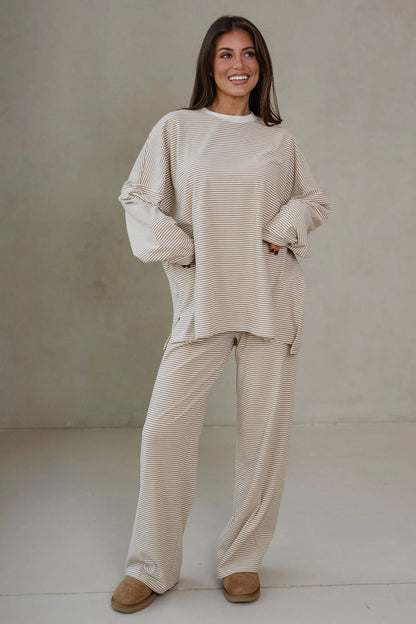 Pink Striped Drop Shoulder Long Sleeve Pant Set