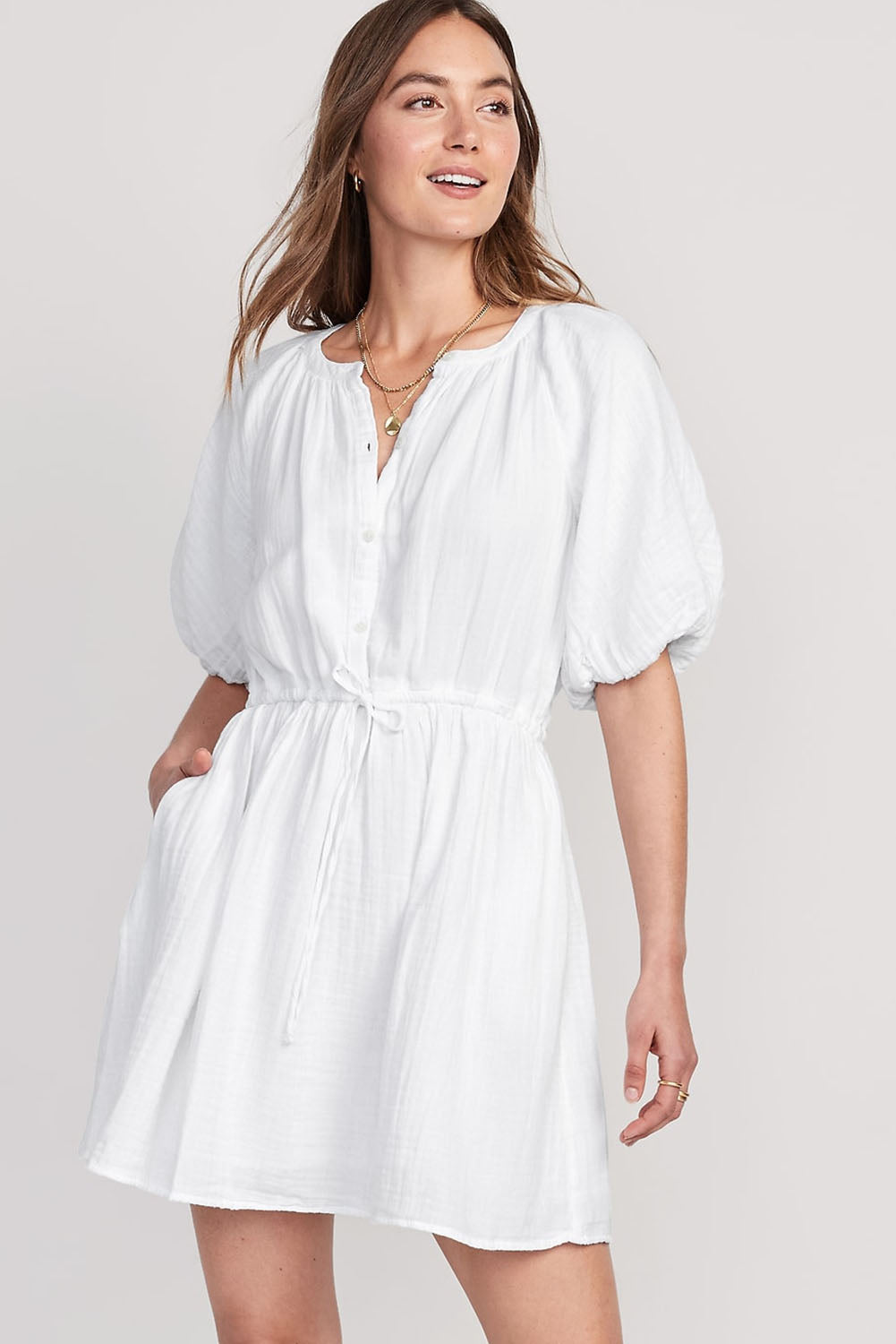 Puff Sleeve Drawstring Shirt Dress with Pockets