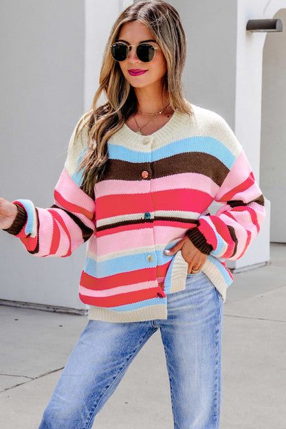 Pink Stripe Striped Colorblock Drop Shoulder Cardigan