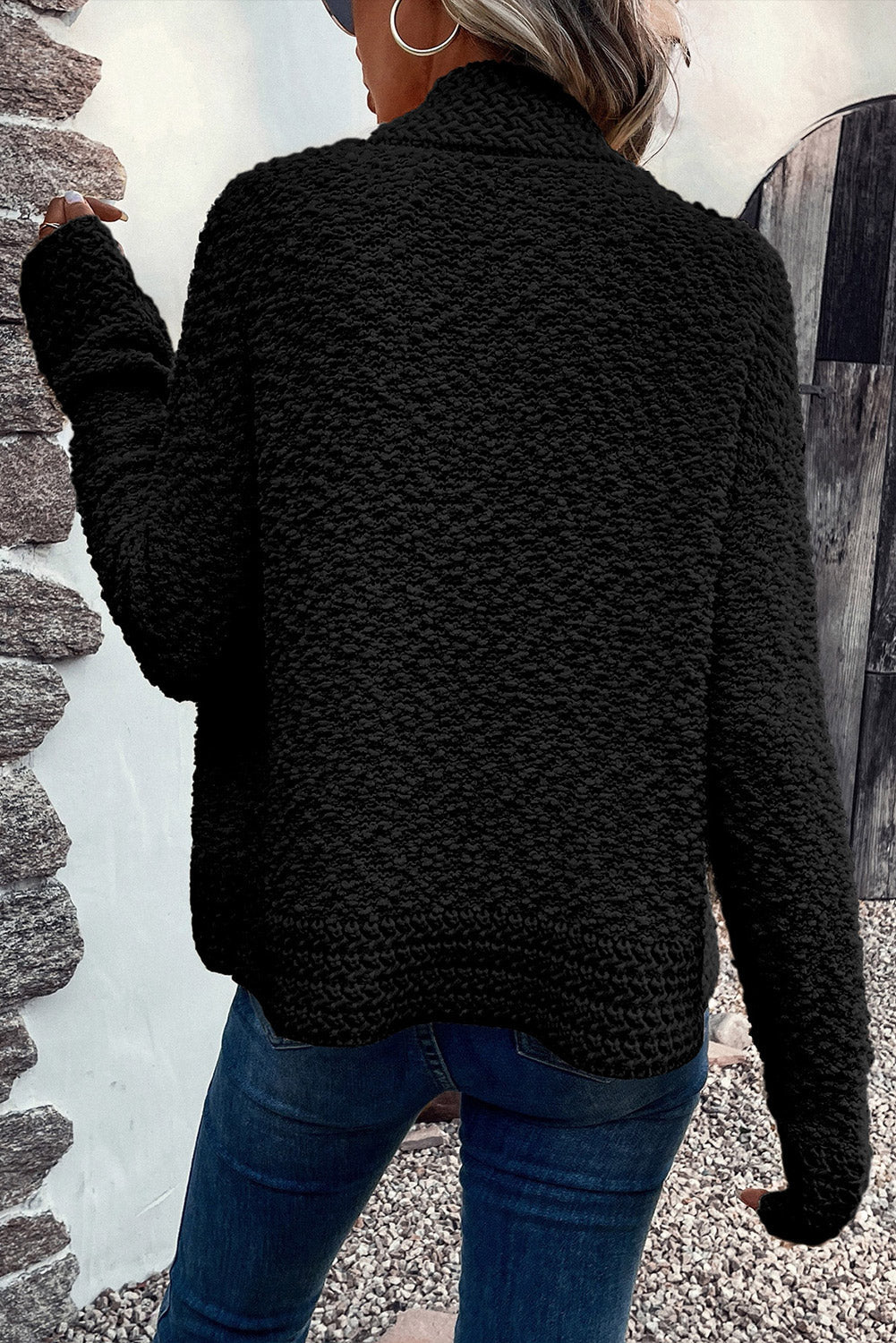 Black Popcorn Knit Open Front Cardigan