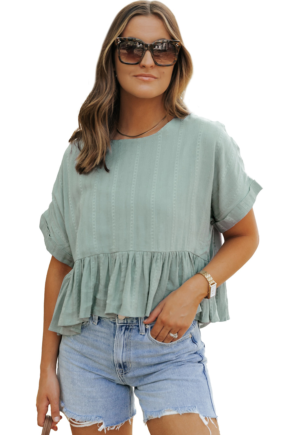 Laurel Green Textured Ruffled Hem Short Sleeve Blouse