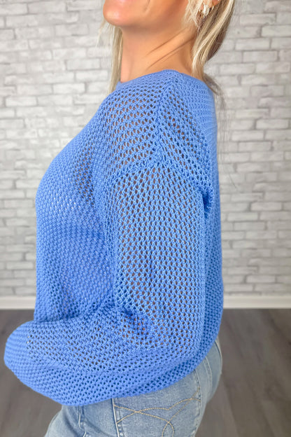 Sky Blue Open Knit Fish Embroidered Casual Sweater
