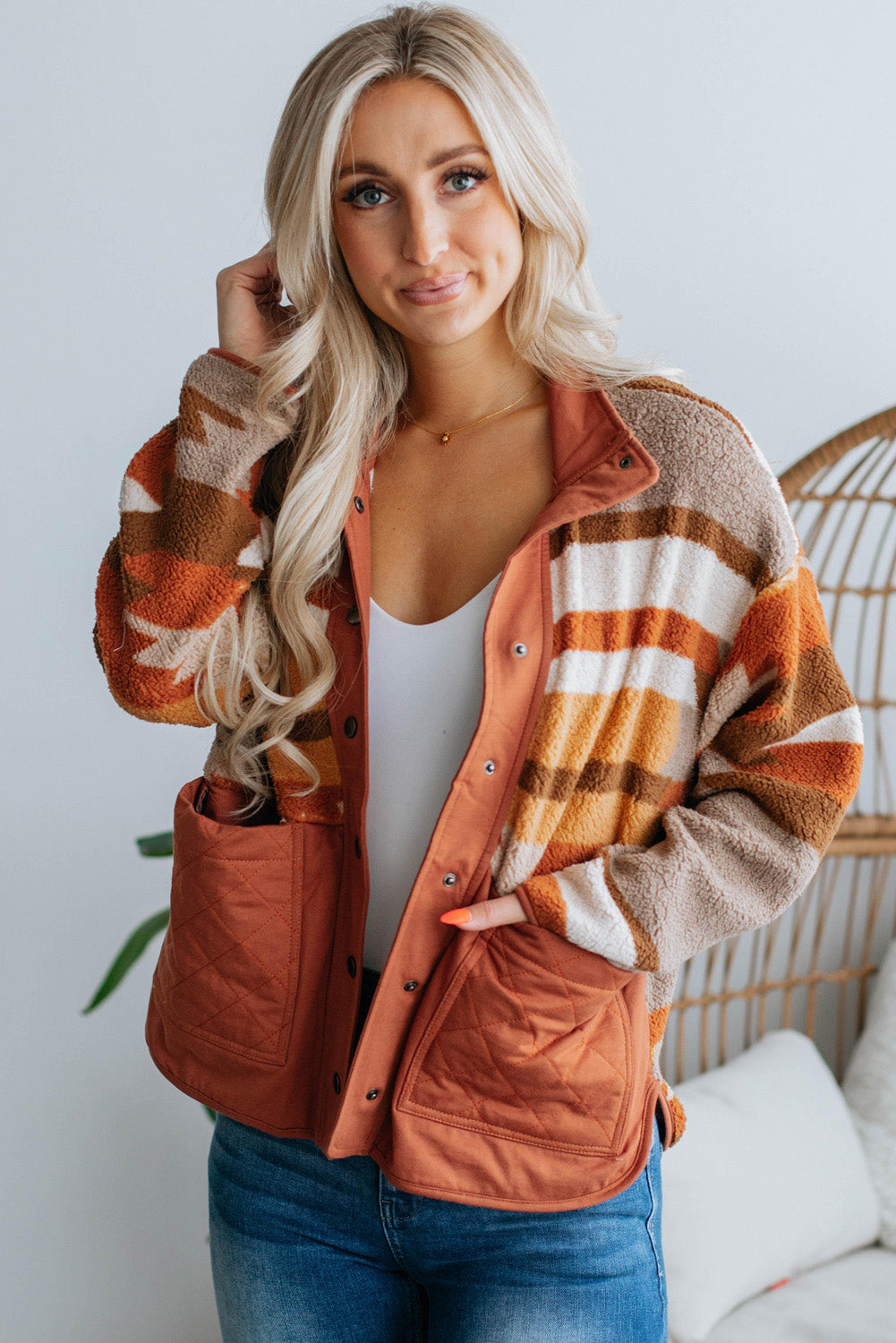 Quilted Patch Pockets Aztec Furry Jacket