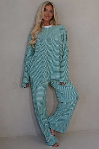 Pink Striped Drop Shoulder Long Sleeve Pant Set