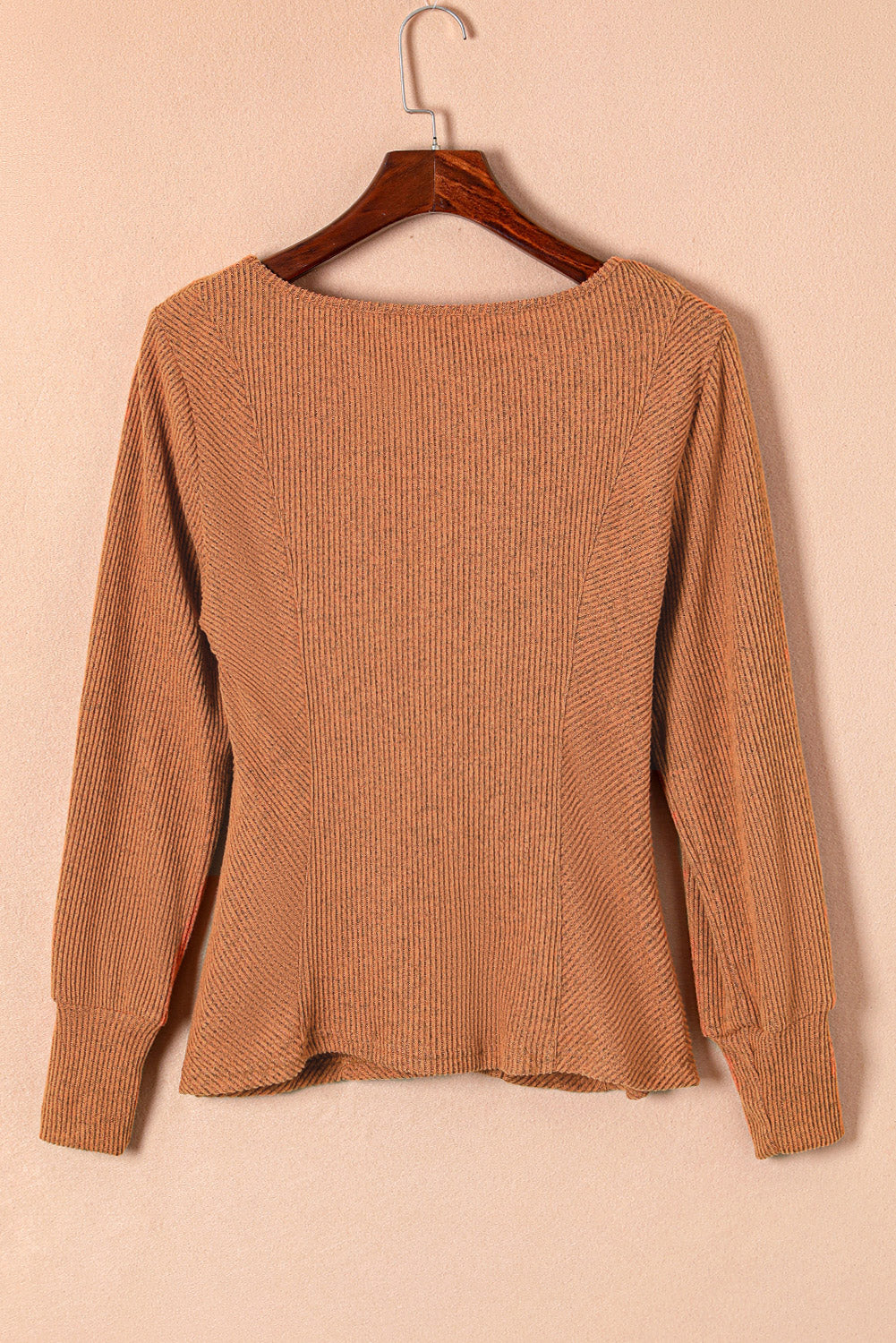 Rose U Neck Textured Long Sleeve Top