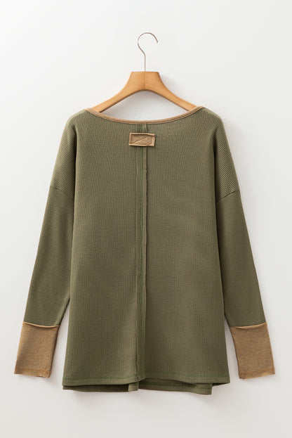 Vineyard Green Waffle Textured Patchwork Tunic Henley Top