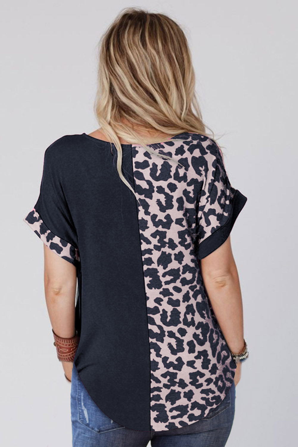 Black Half Leopard Patchwork Plus Size T-shirt