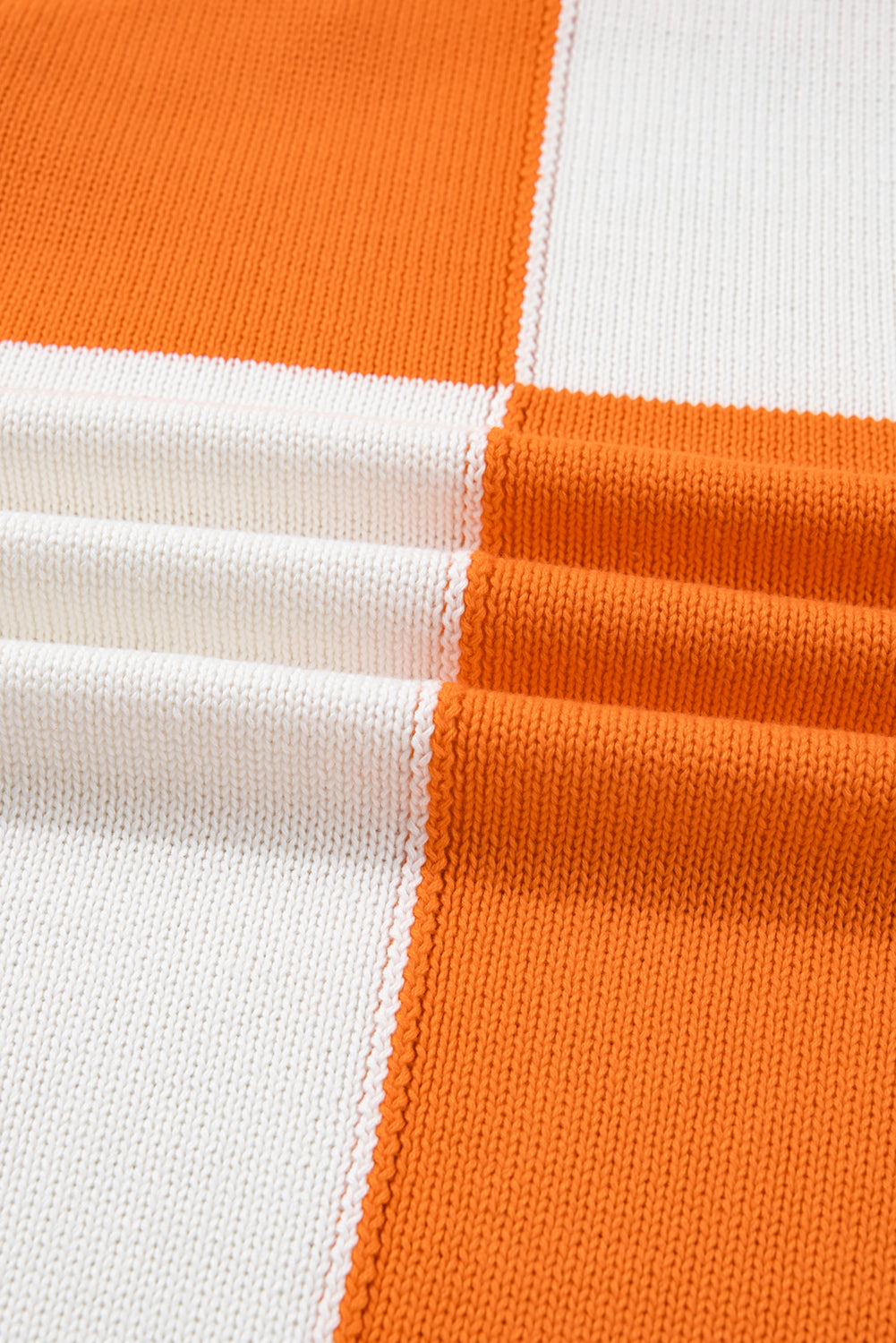 Orange Checkered Bubble Sleeve Plus Size Drop Shoulder Knit Cardigan