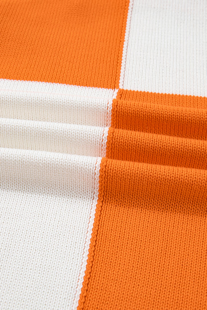 Orange Checkered Bubble Sleeve Plus Size Drop Shoulder Knit Cardigan