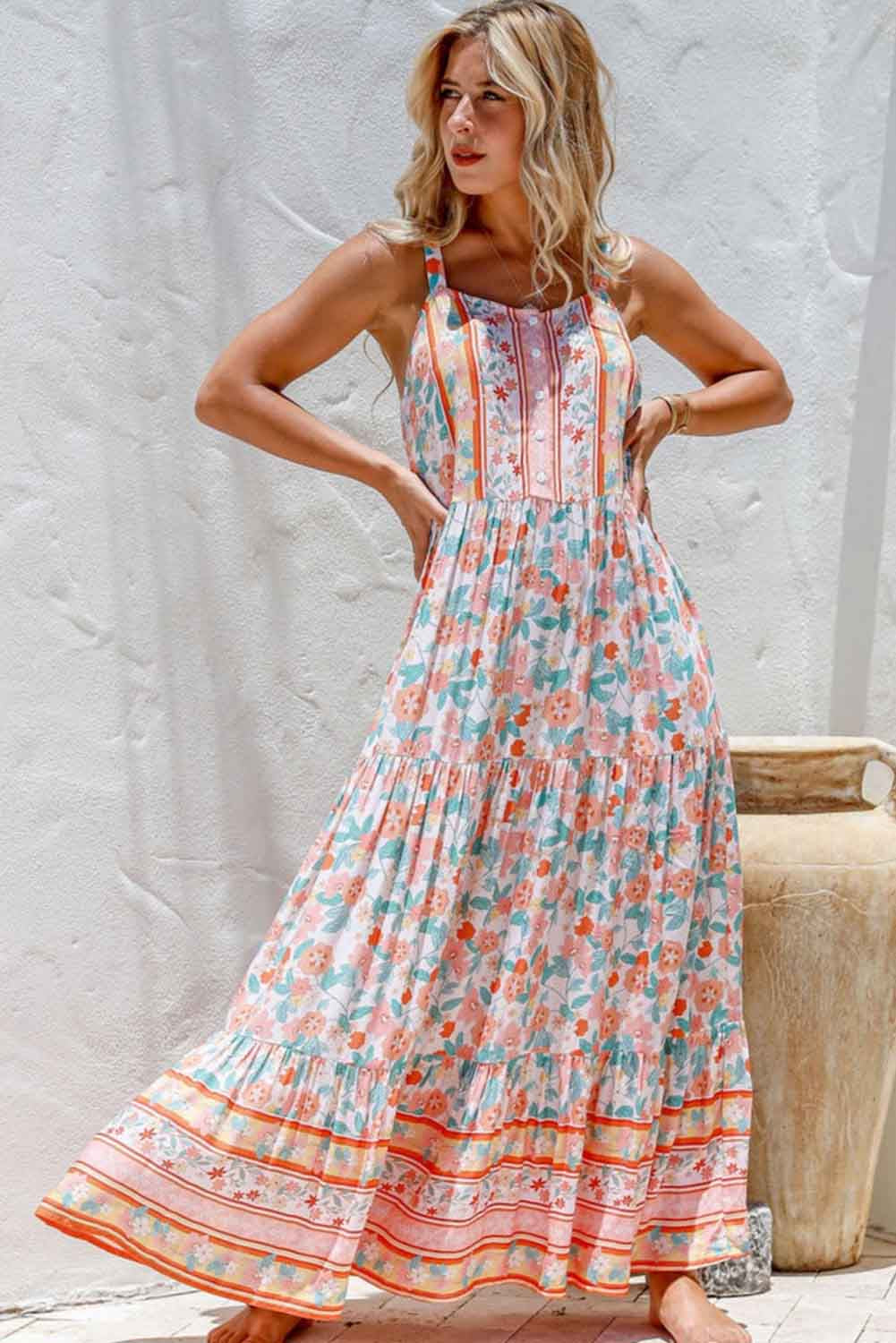 Boho Floral Print Sleeveless Tiered Maxi Dress