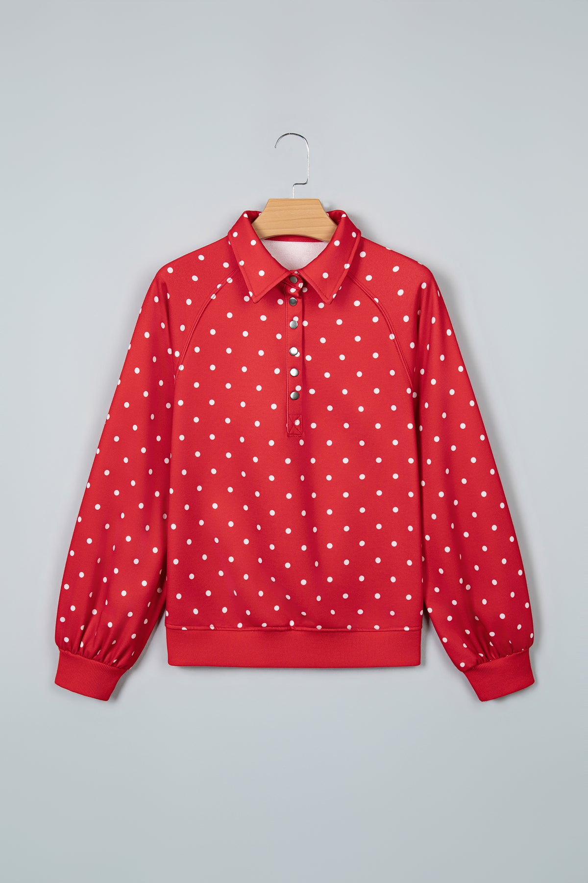 White Polka Dot Print Metal Button Collar Casual Pullover Sweatshirt