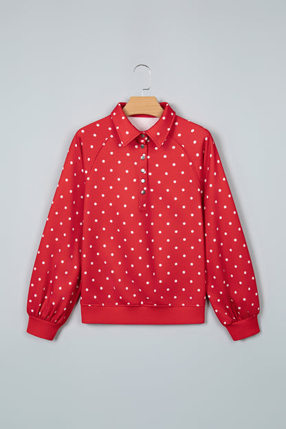 White Polka Dot Print Metal Button Collar Casual Pullover Sweatshirt