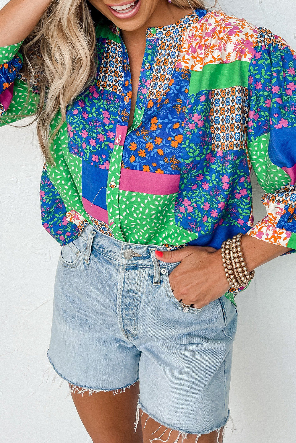 Multicolor Floral Patchwork Print Buttoned Puff Sleeve Shirt