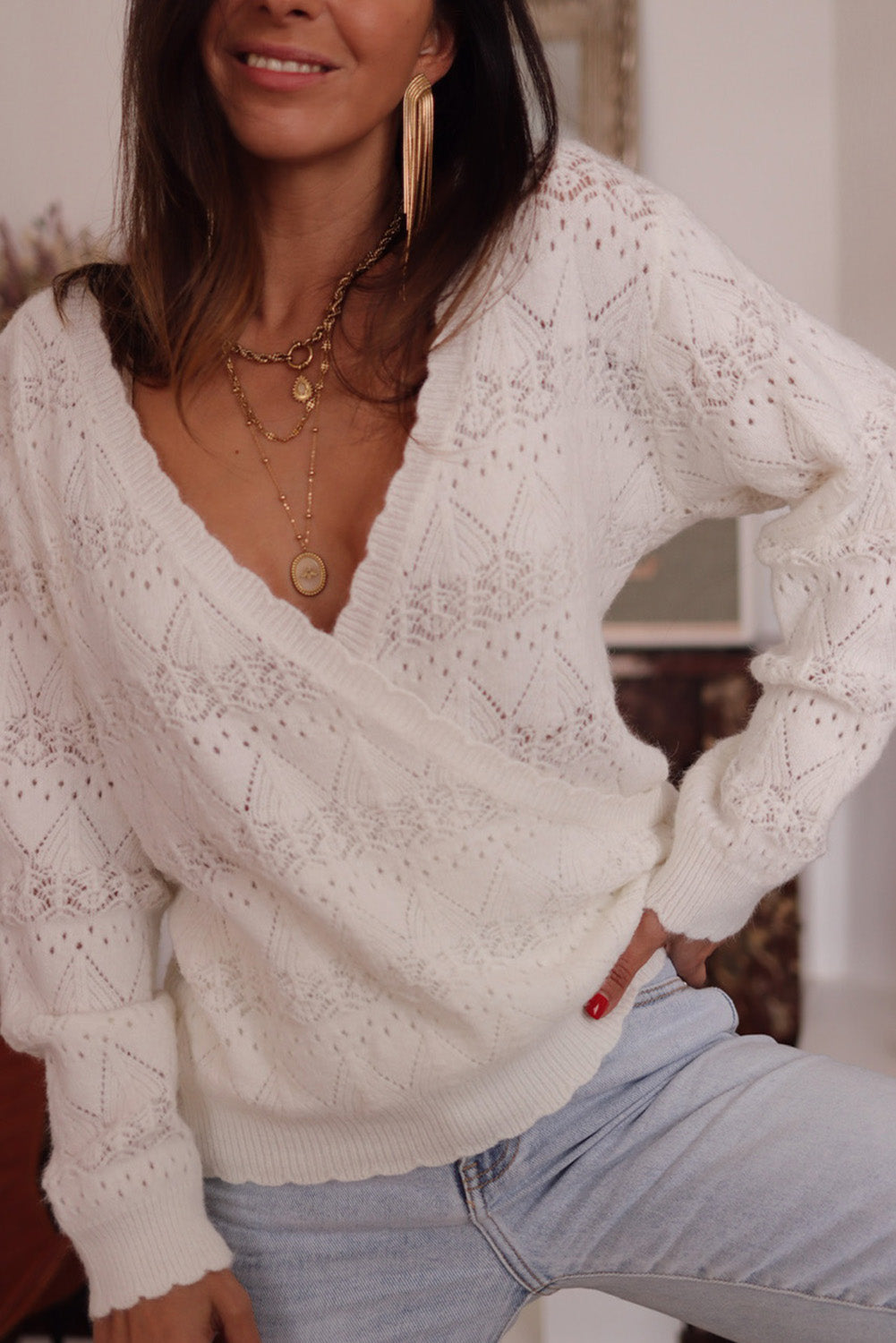 Surplice V Openwork Textured Sweater