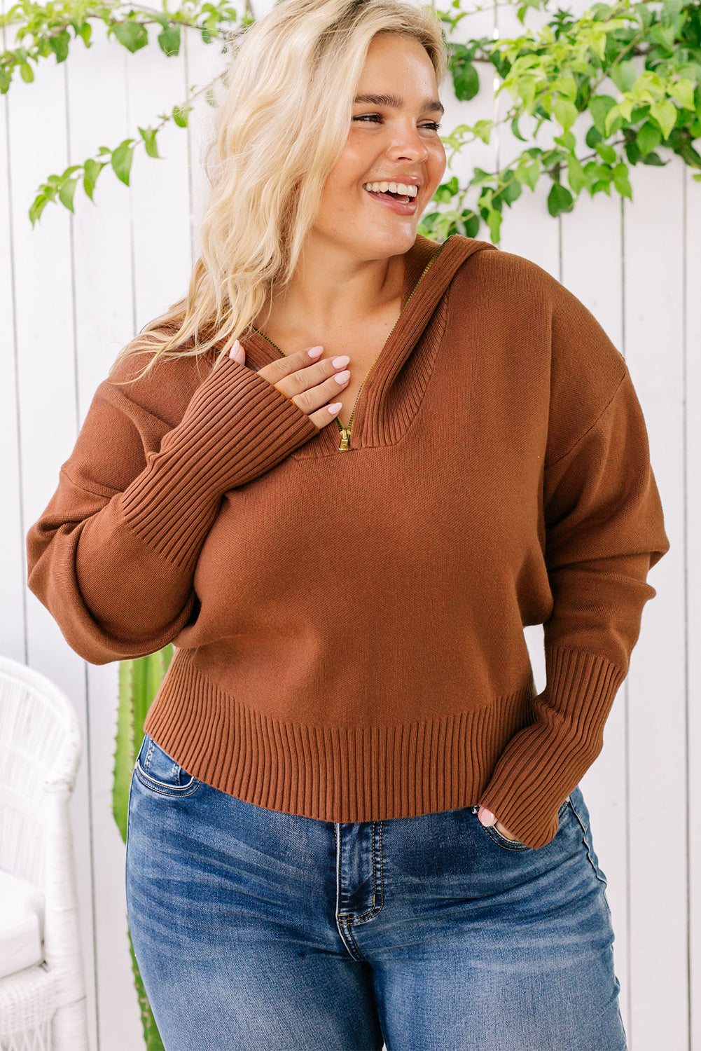 Solid Ribbed Trim Plus Size Zip Collar Sweater